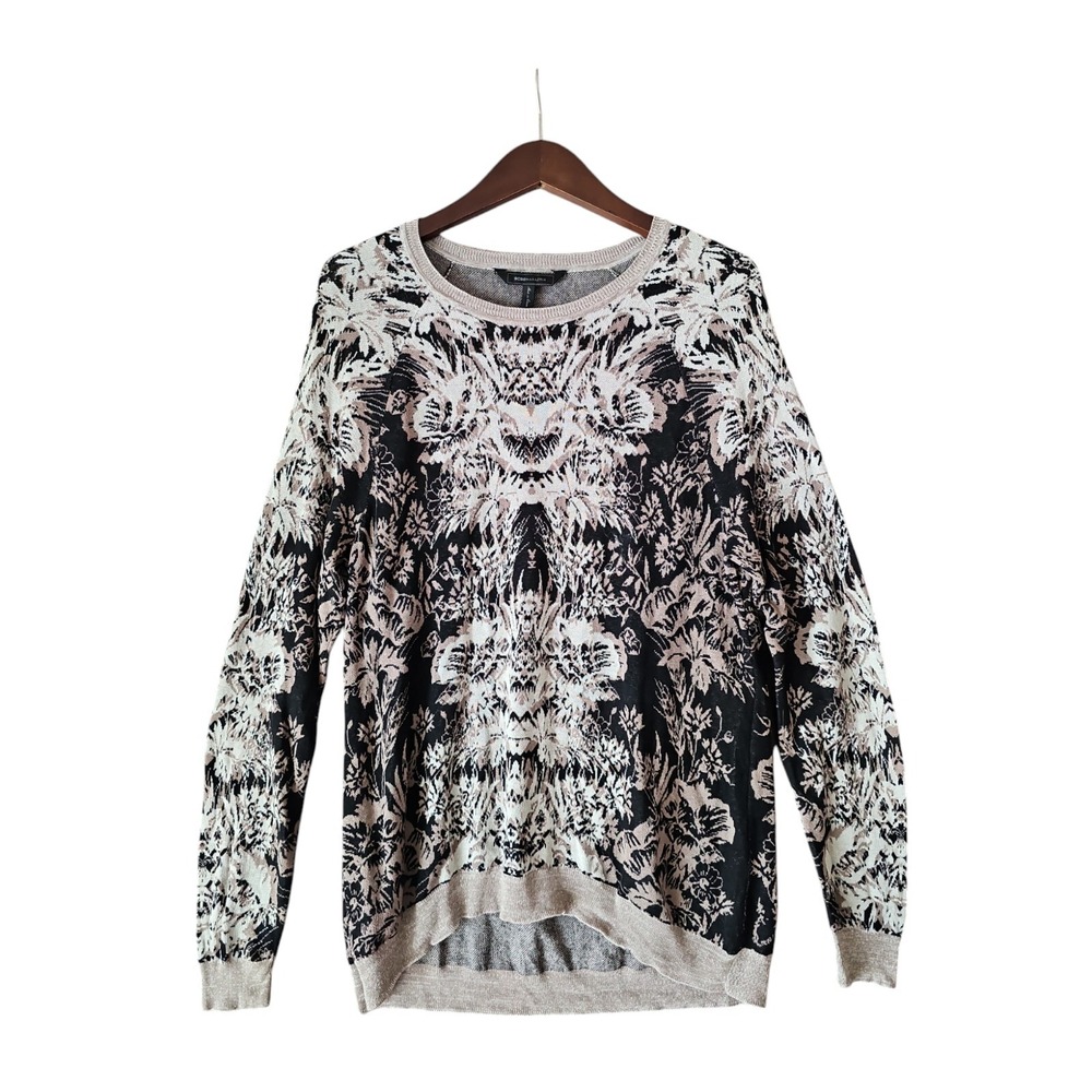 BCBGMaxazria Slouchy‎ Floral Design Wide Neck Long Sleeve Silk Blend Sweater S